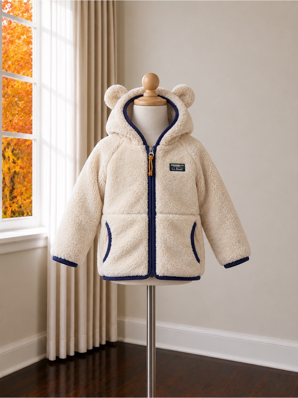 L.L. Bean Kids Cream Sherpa Jacket with Navy Trim